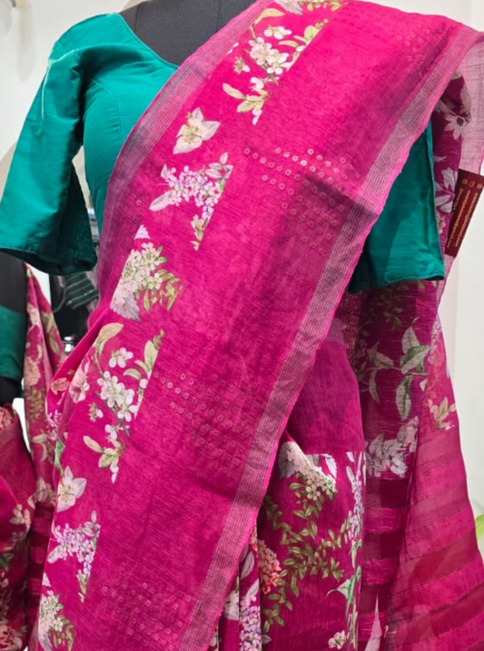 Rani Pink Pure Linen Kora Silk Saree with Floral Digital Print