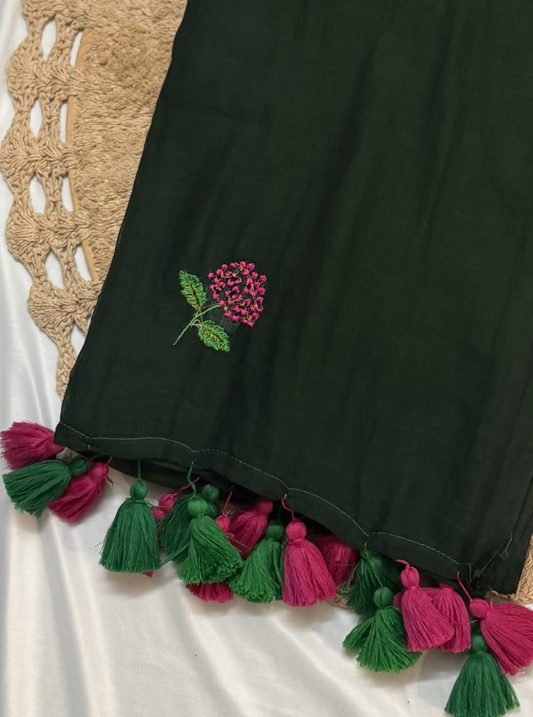 Dark Green Mul Cotton Saree with Floral Embroidery & Contrast Tassels