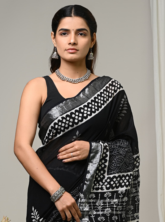 Elegant Black Linen Cotton Saree with Silver Traditional Prints