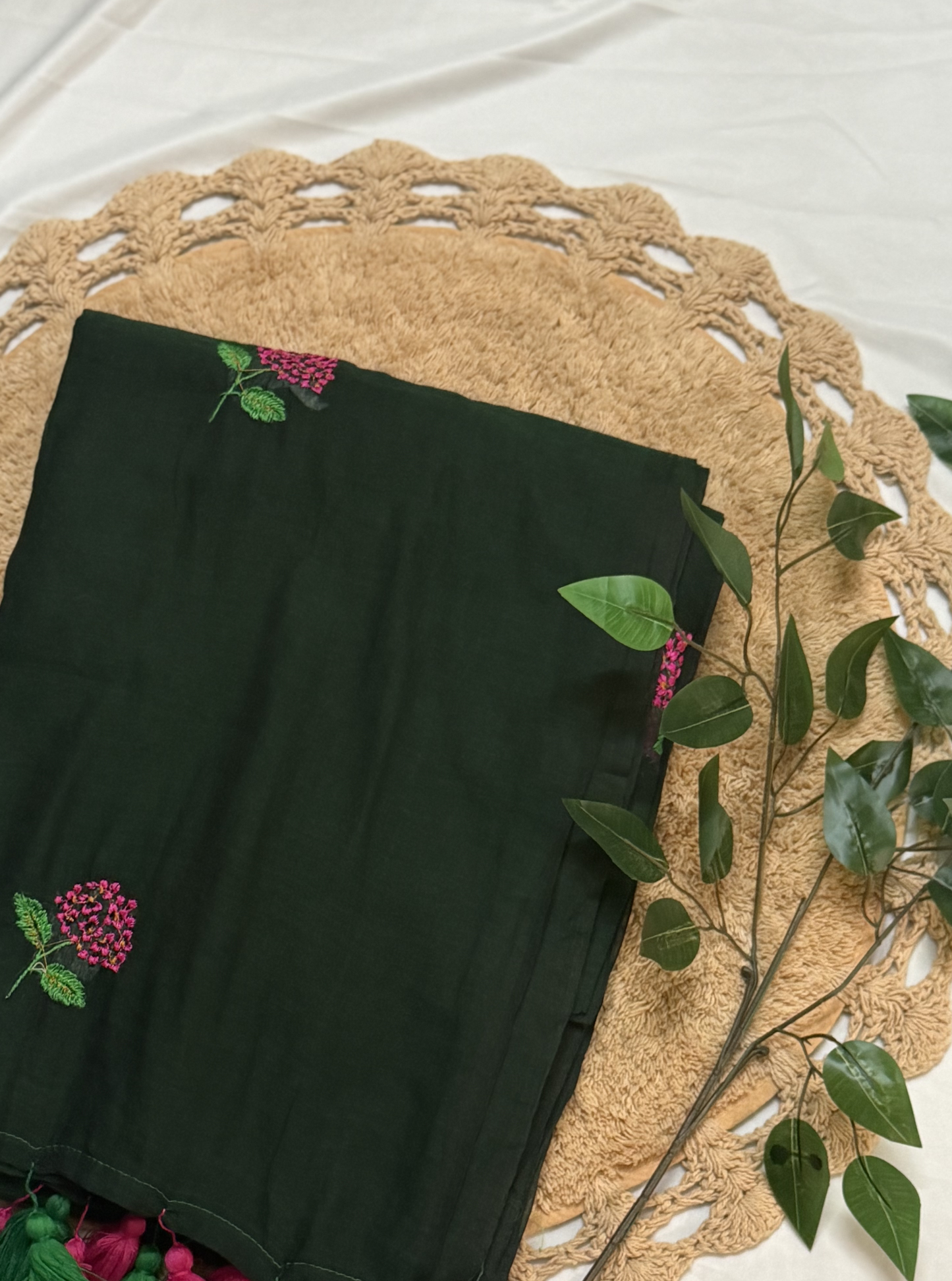 Dark Green Mul Cotton Saree with Floral Embroidery & Contrast Tassels