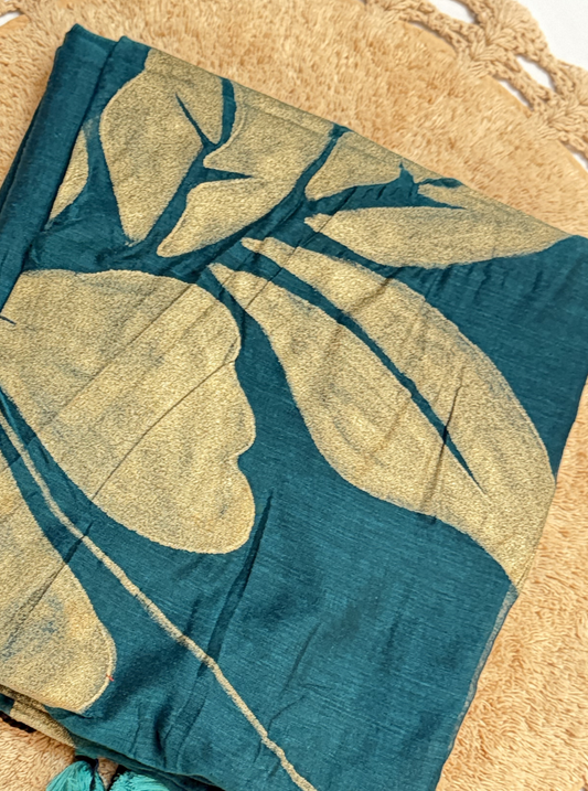Teal Mul Cotton Saree with Golden Leaf Design & Tassels