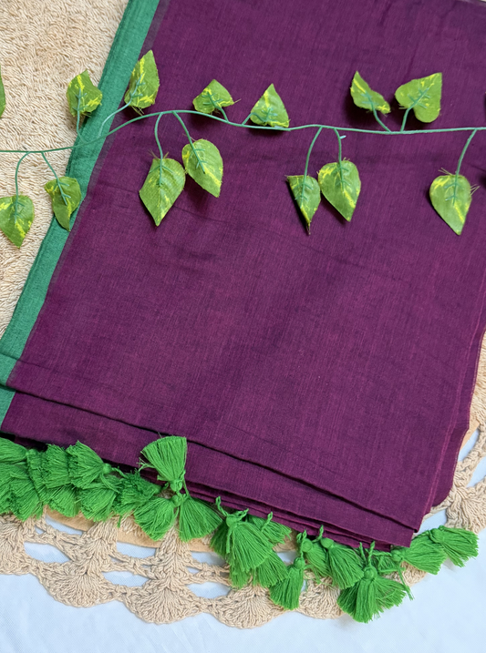 Regal Wine Mul Cotton Saree with Contrast Green Border & Tassels