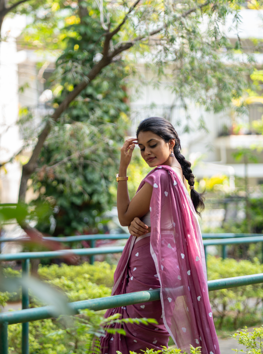 Soft Rose Pink Mul Cotton Saree with Heart Motifs