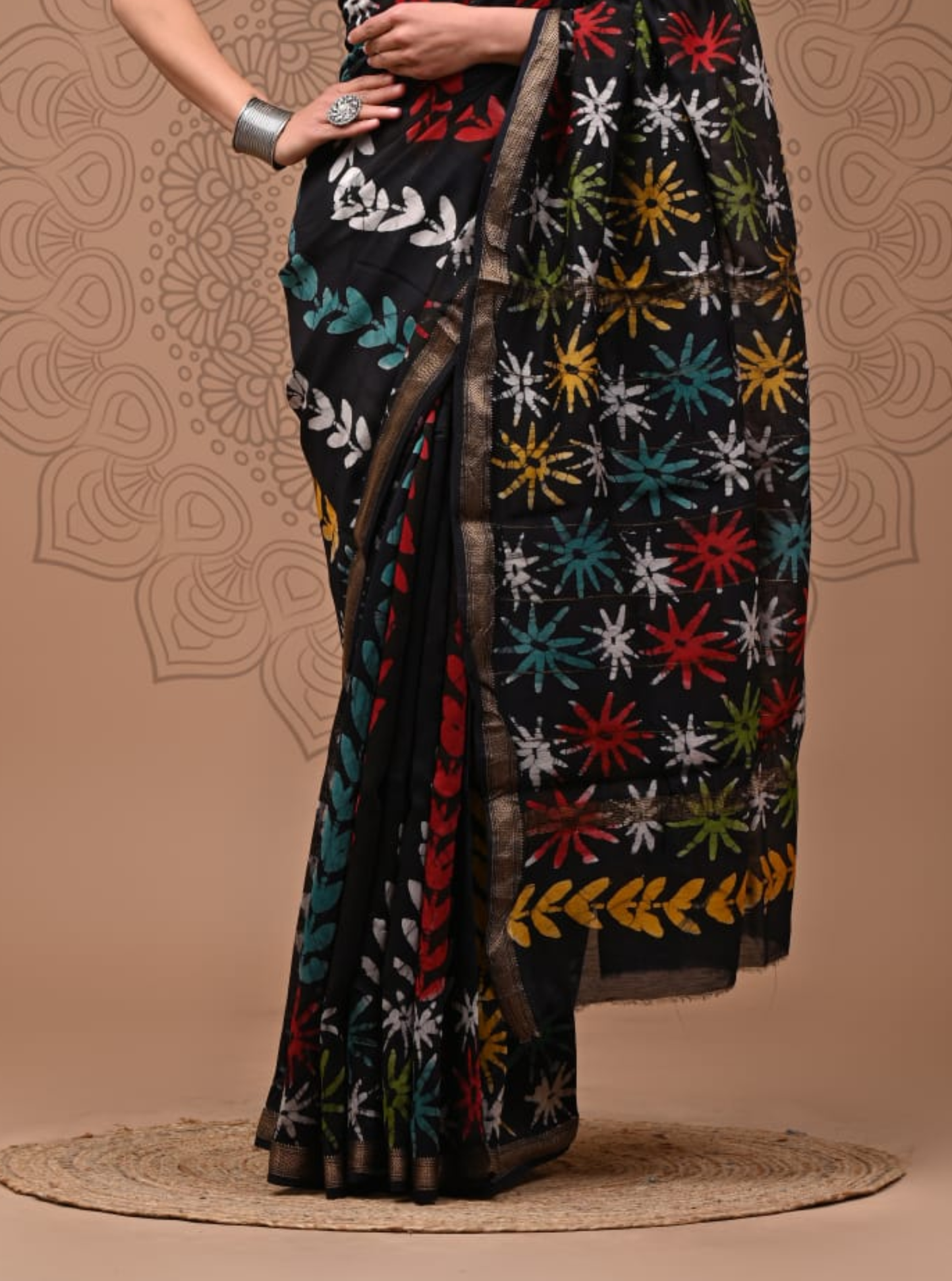 Black Maheshwari Silk Saree with Multicolour Floral Motifs