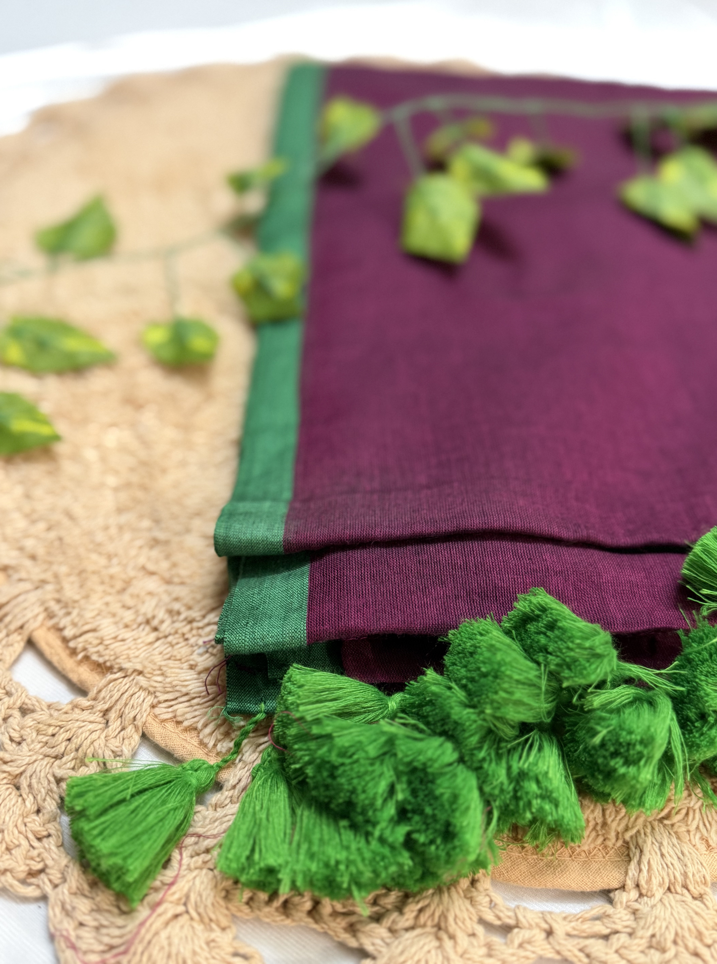 Regal Wine Mul Cotton Saree with Contrast Green Border & Tassels