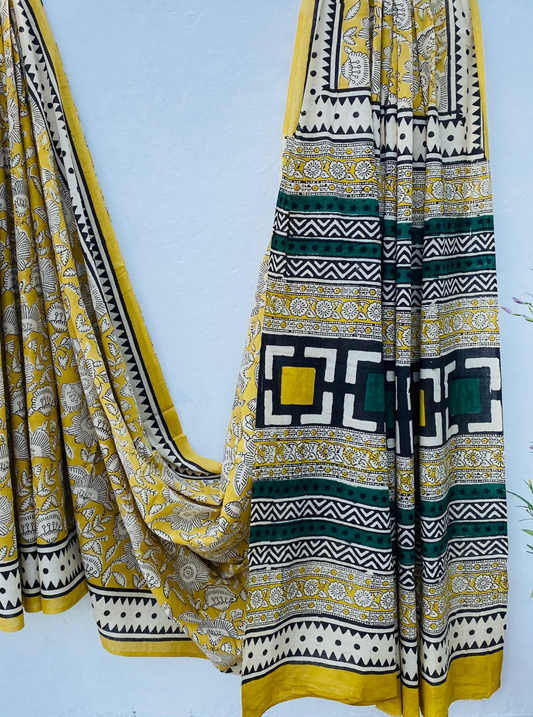 Mustard Yellow Bagru Handblock Printed Cotton Saree