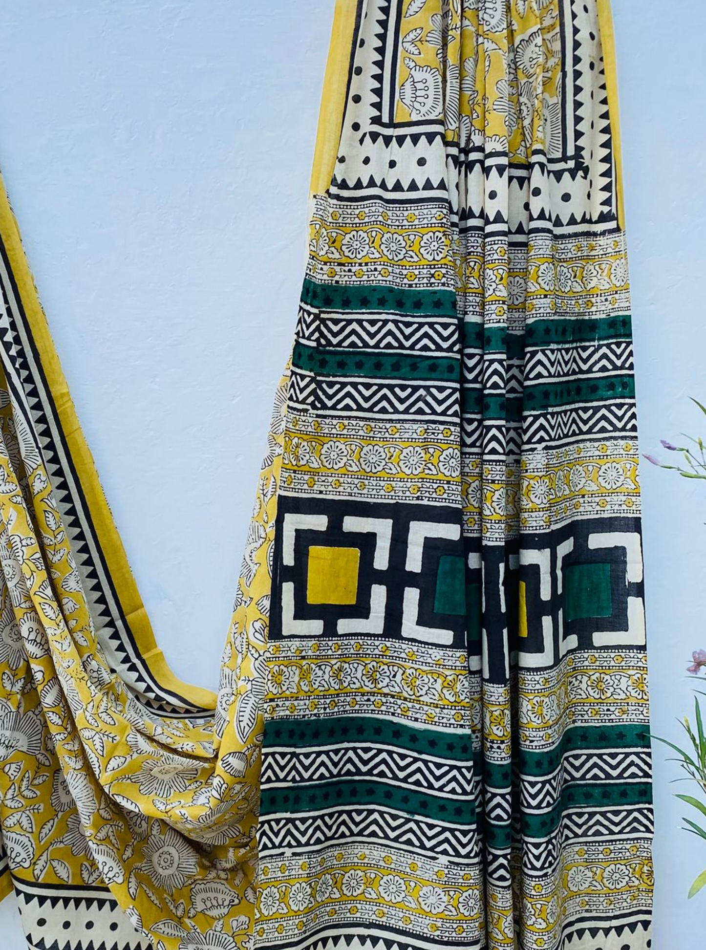 Mustard Yellow Bagru Handblock Printed Cotton Saree