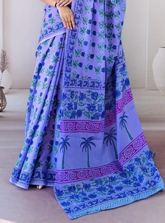Lavender Cotton Jaipur Bagru Print Saree