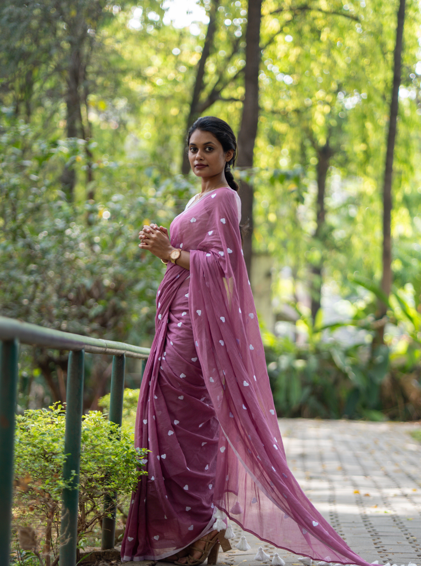 Soft Rose Pink Mul Cotton Saree with Heart Motifs