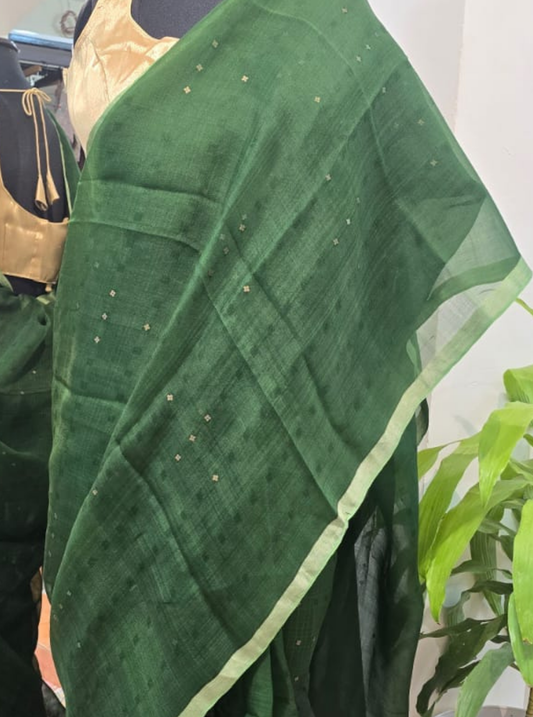 Deep Green Pure Kora Silk Saree with Subtle Sequin Work