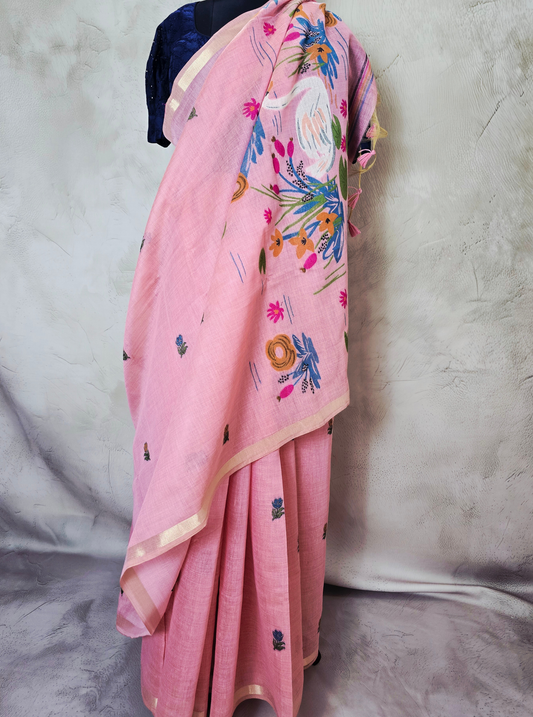Blush Pink Cotton Designer Saree with Handcrafted Floral Art