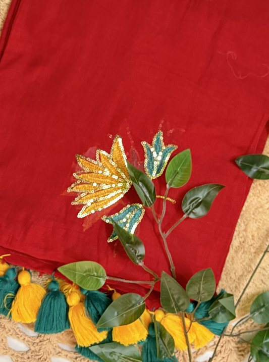 Red Mul Cotton Saree with Sequin Floral Embroidery & Contrast Tassels