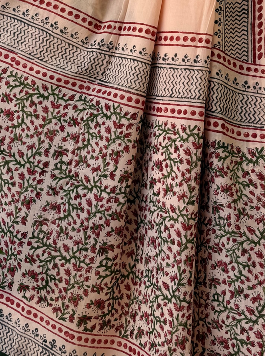 Elegant Off-White Bagru Print Cotton Saree with Floral Jaal