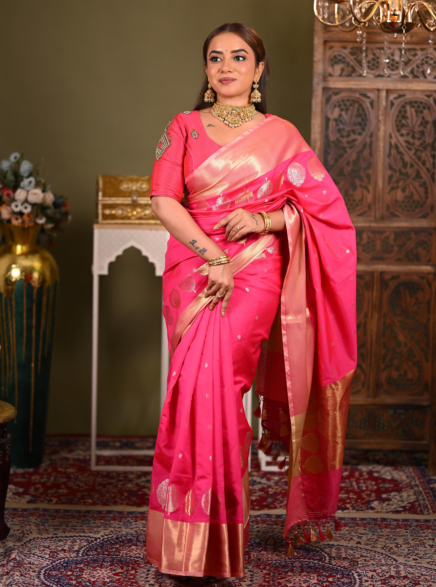 Royal Pink Mango Silk Banarasi Saree with Gold Zari Motifs