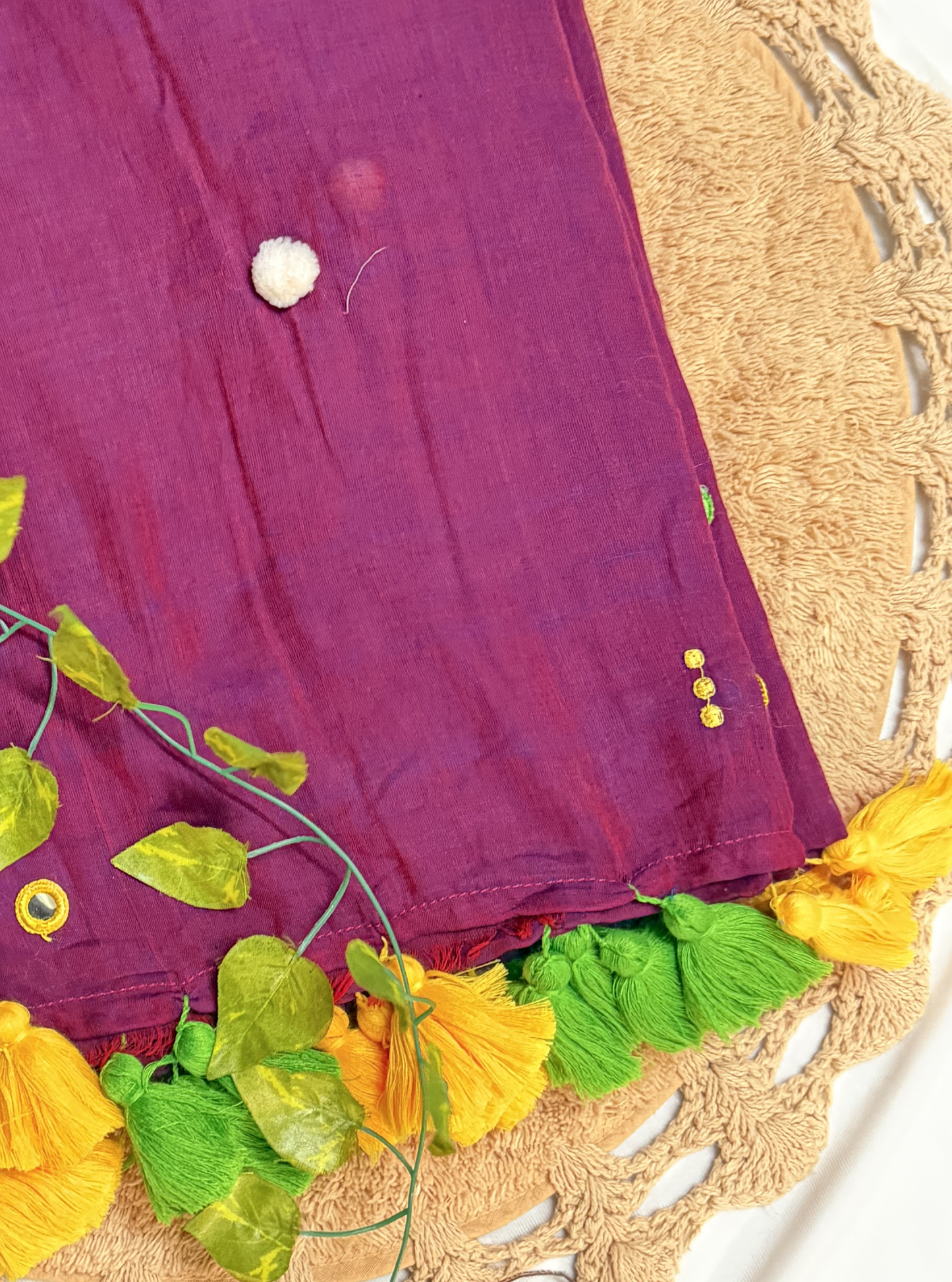 Royal Plum Mul Cotton Saree with Green & Yellow Tassels