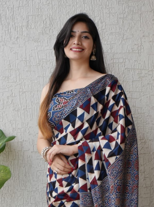 Indigo Geometry Modal Silk Ajrakh Hand-Block Saree