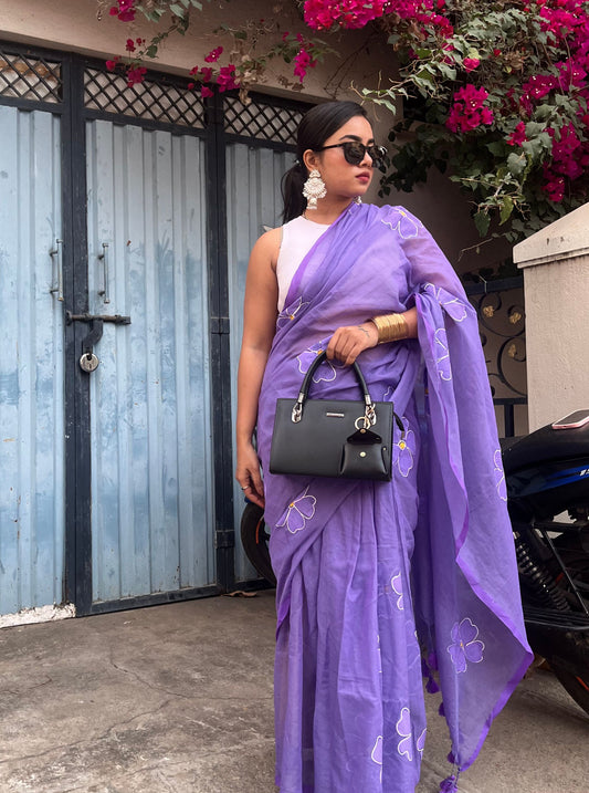 Lavender Mul Cotton Saree with Minimal Floral Handwork