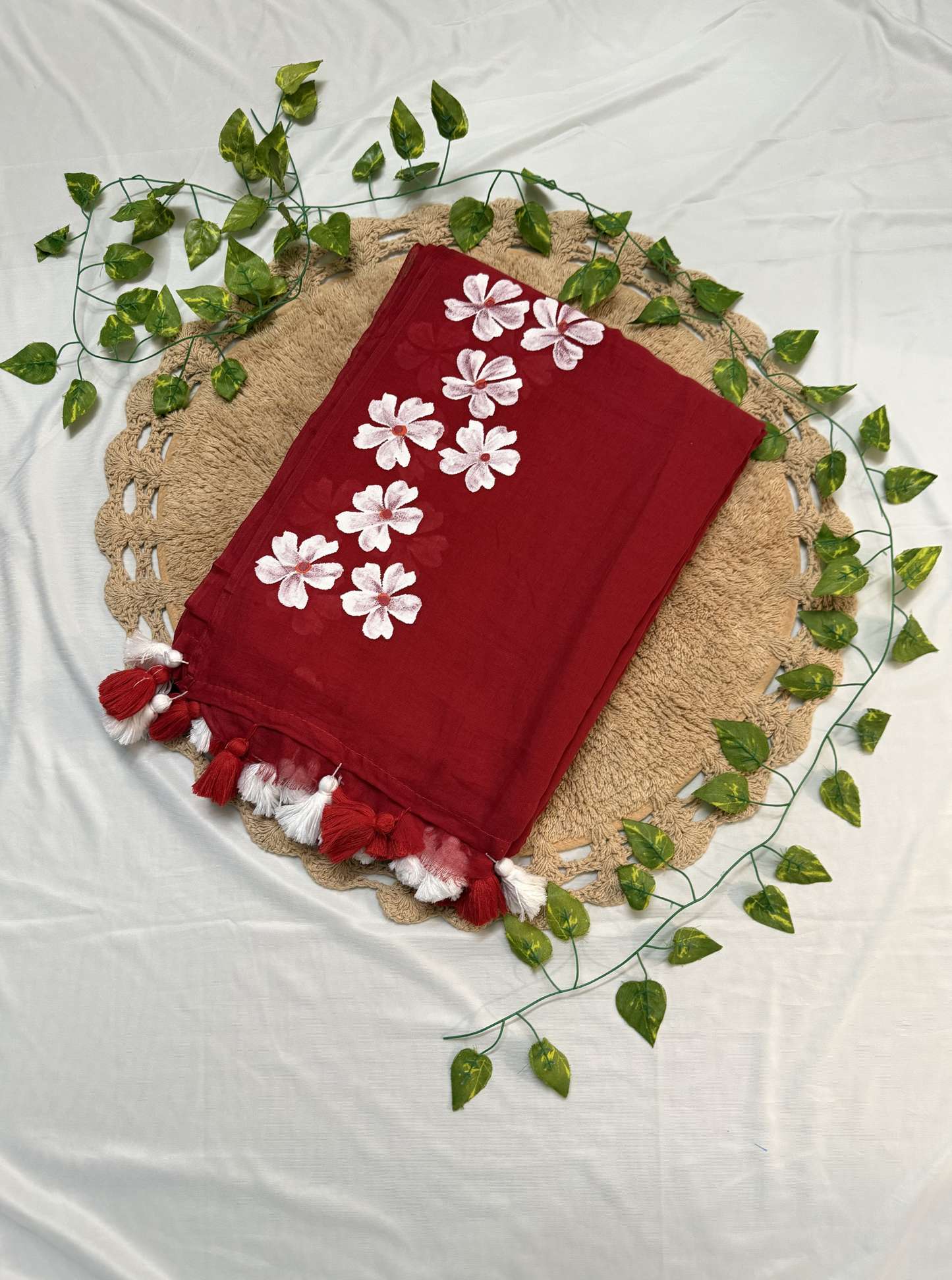 Vibrant Red Hand-Painted Mul Cotton Saree with Floral Motifs