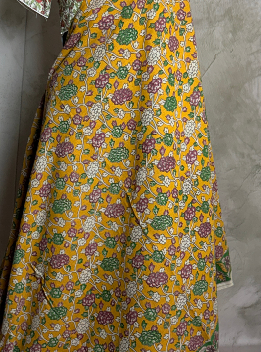 Mustard Yellow Cotton Kalamkari Saree with Floral Vine Motifs