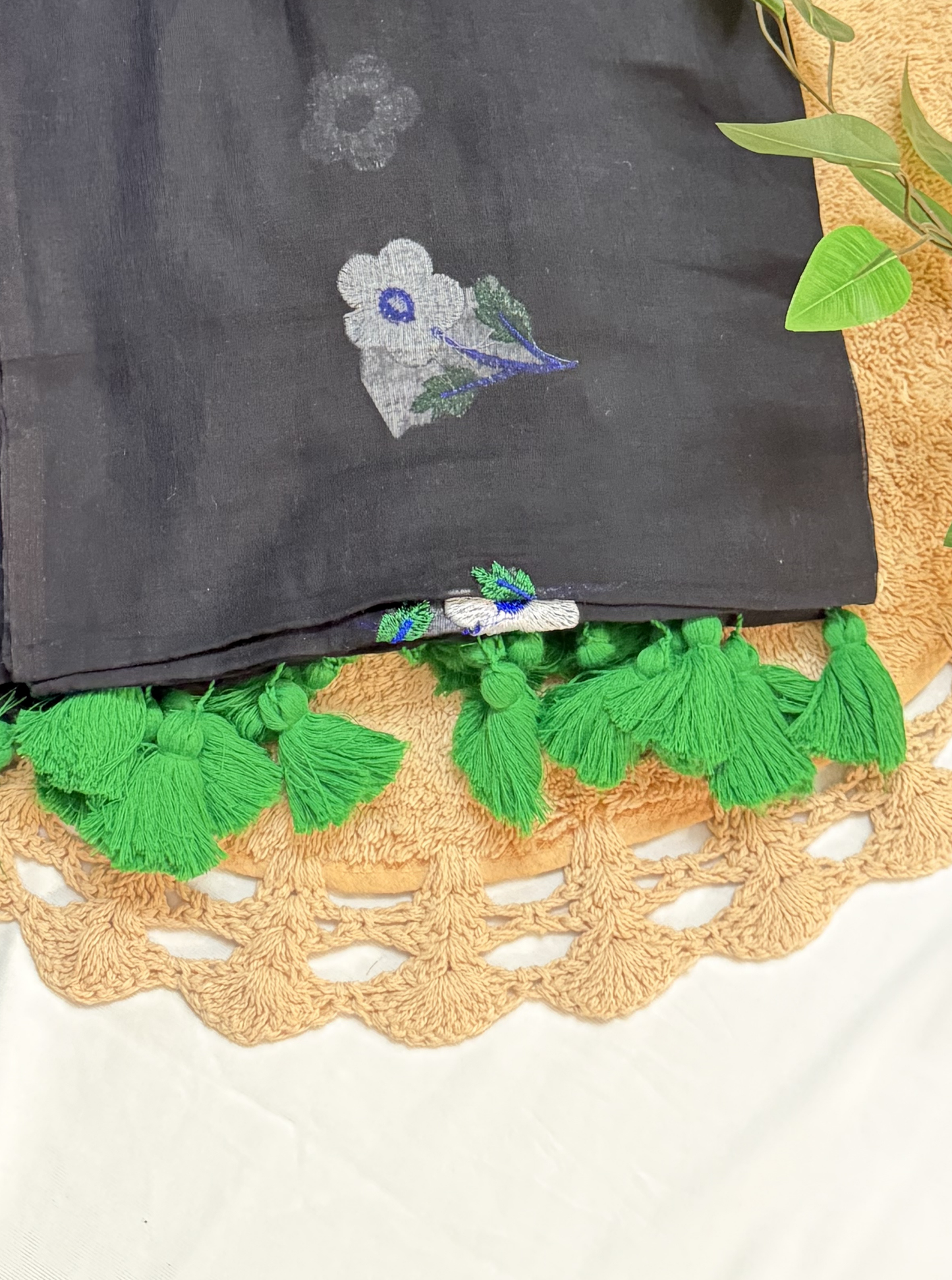 Midnight Black Mul Cotton Saree with Floral Butti & Green Tassels