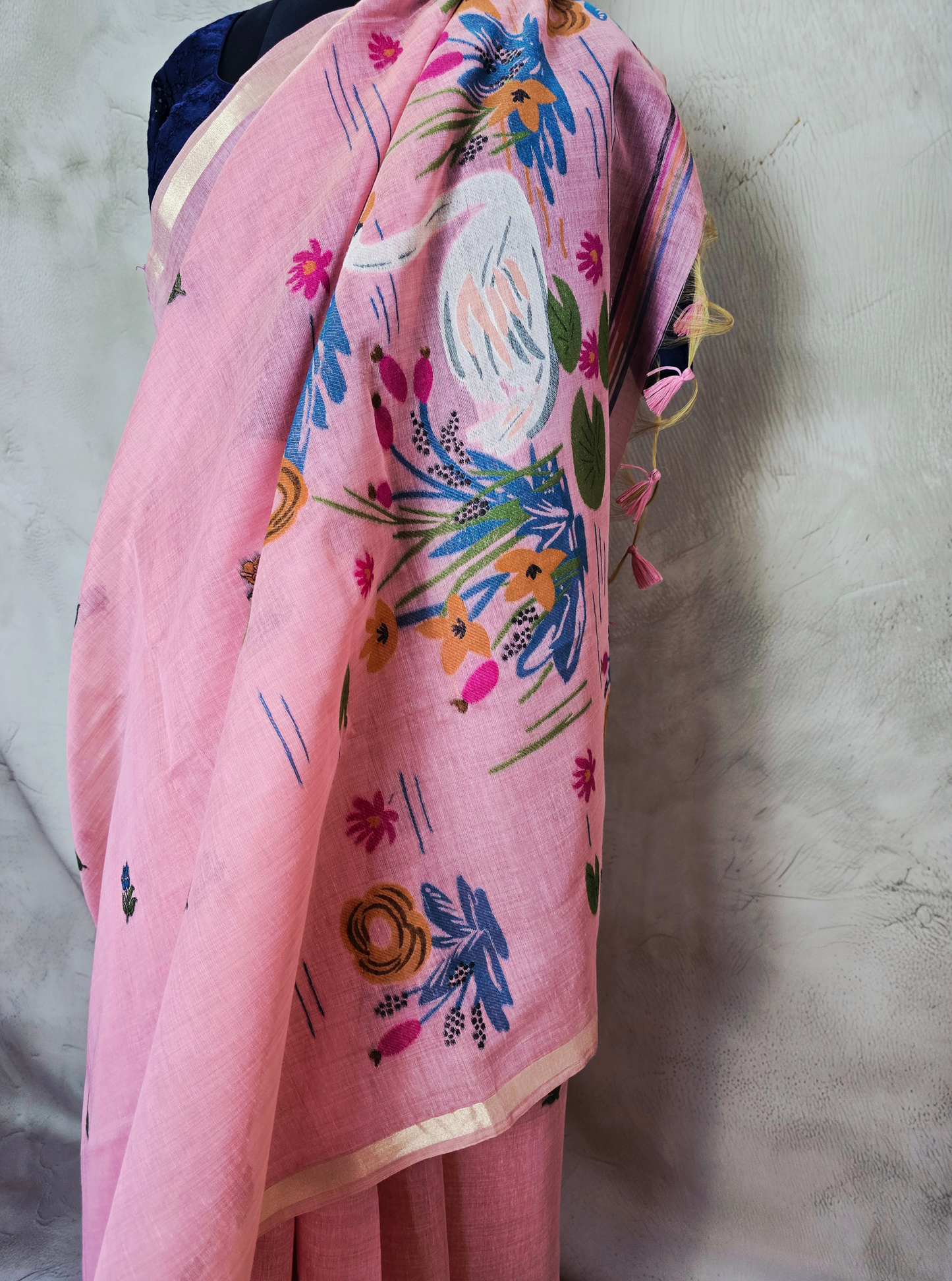 Blush Pink Cotton Designer Saree with Handcrafted Floral Art