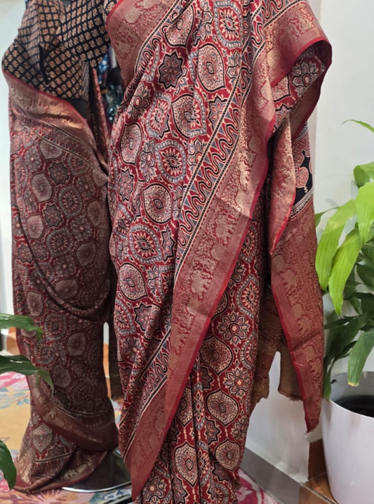 Rust Red Dola Silk Saree with Ajrakh Print & Rich Border