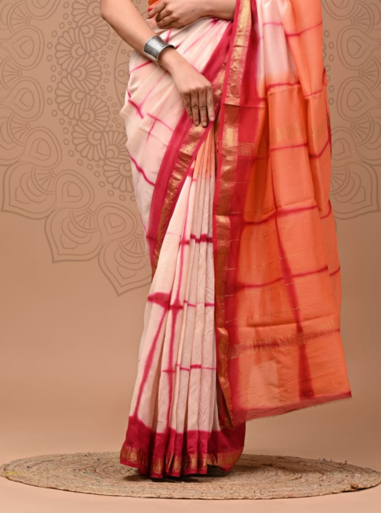 Peach & Ivory Maheshwari Silk Saree with Gold Zari Border