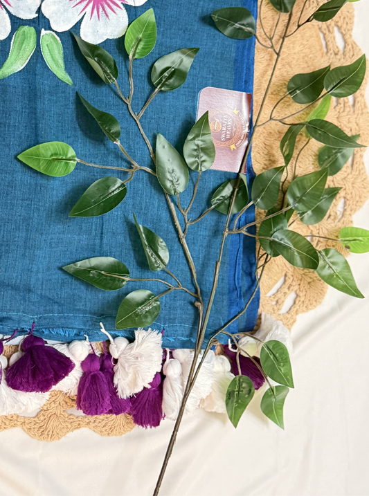 Teal Blue Mul Cotton Saree with Hand-Painted Floral Design & Contrast Tassels
