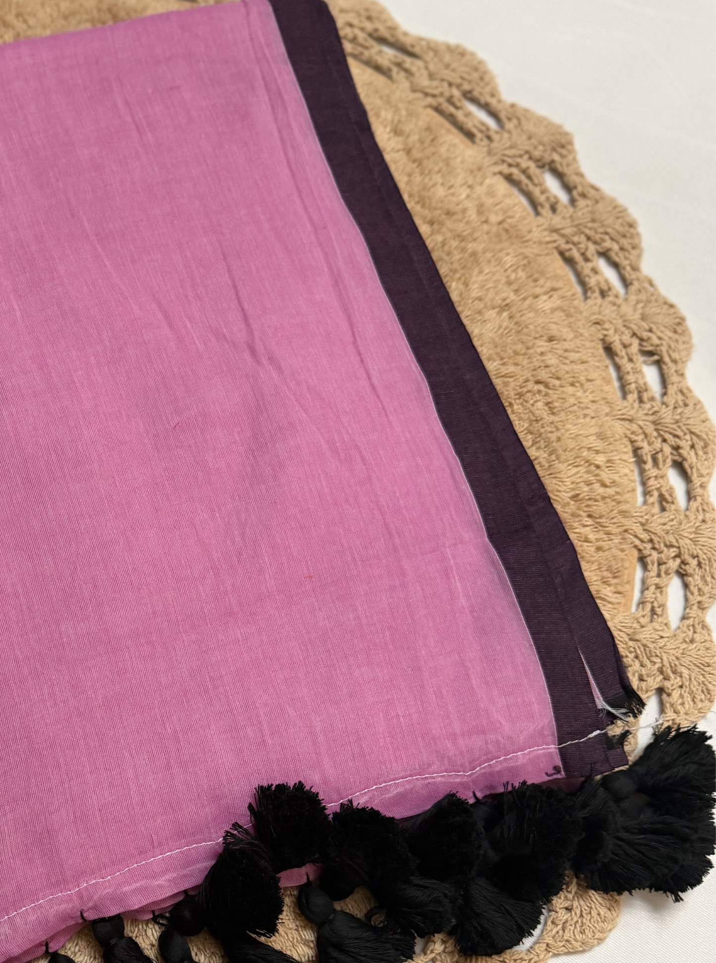 Soft Pink Mul Cotton Saree with Contrast Black Tassels