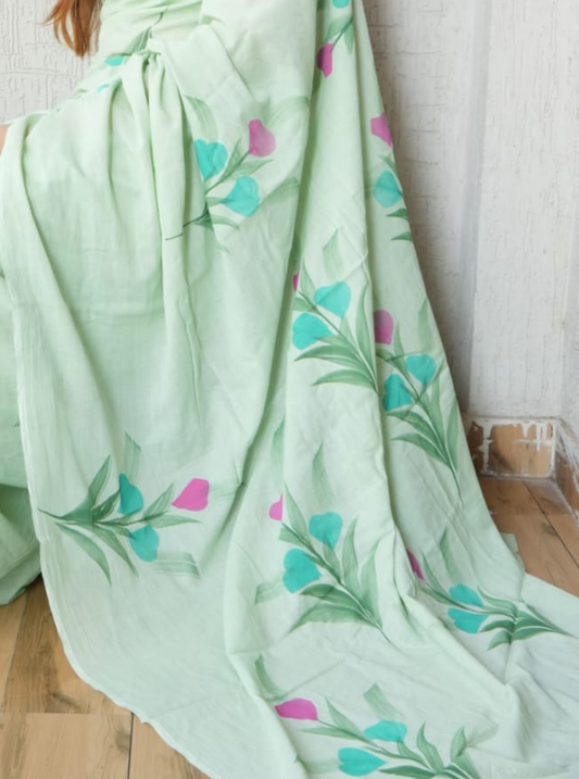 Pastel Green Cotton Jaipur Bagru Print Saree