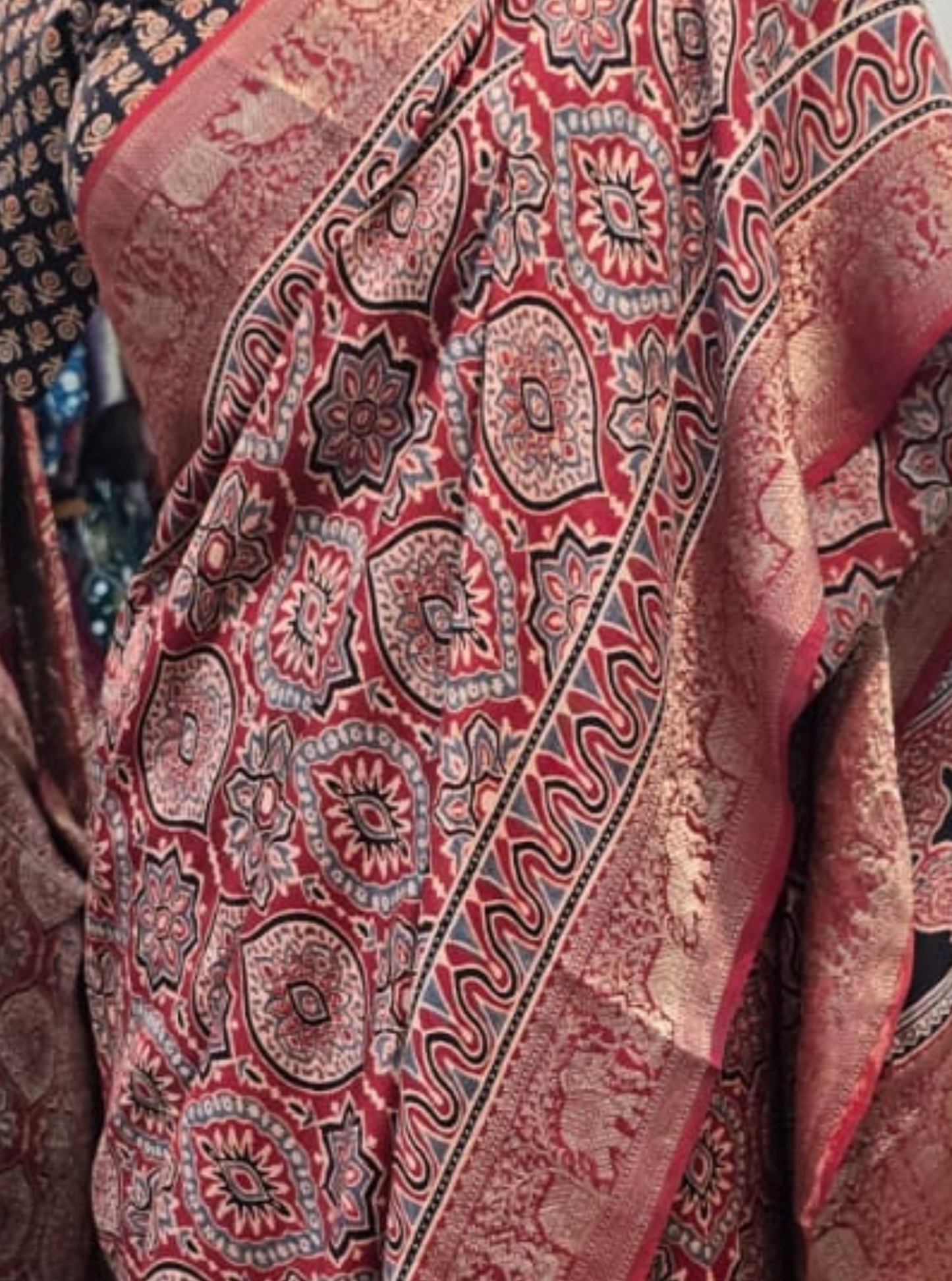 Rust Red Dola Silk Saree with Ajrakh Print & Rich Border