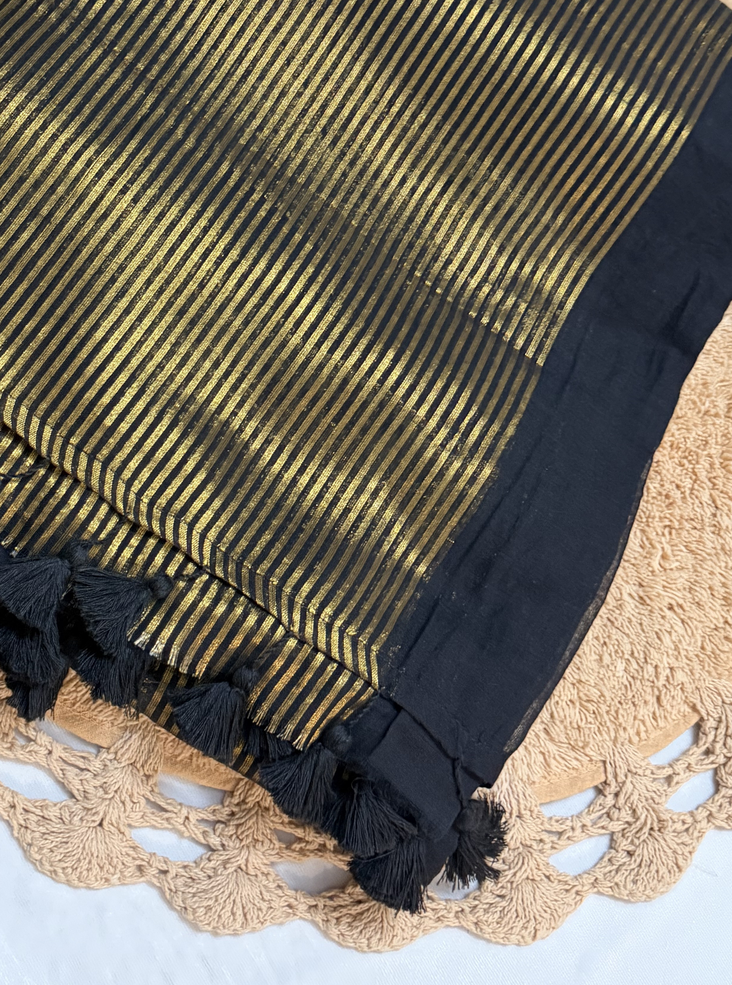 Classic Black Mul Cotton Saree with Gold Stripes & Tassel Pallu