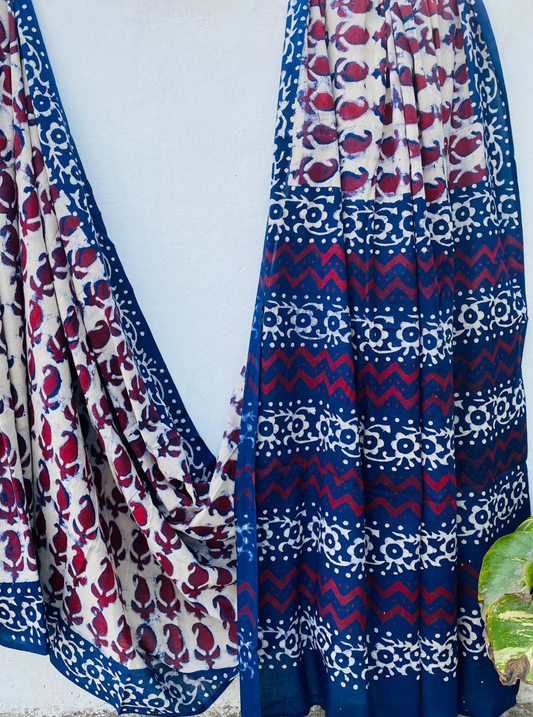 Indigo & Red Floral Bagru Handblock Printed Cotton Saree