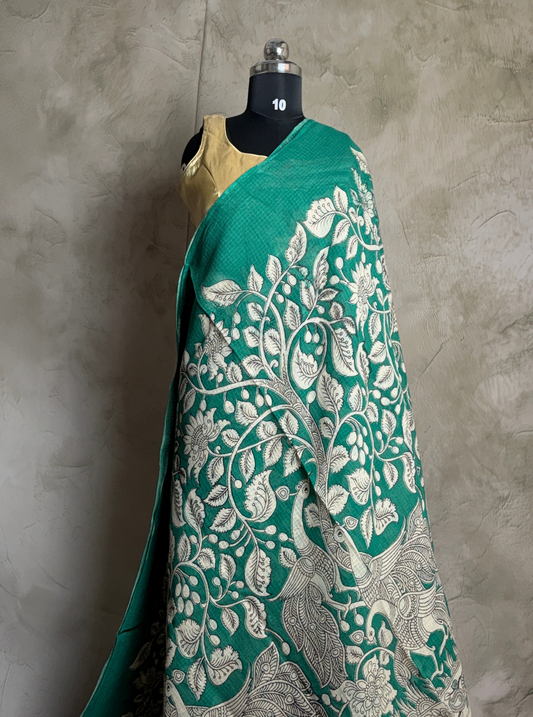 Emerald Green Kota Cotton Saree with Peacock & Floral Kalamkari Border