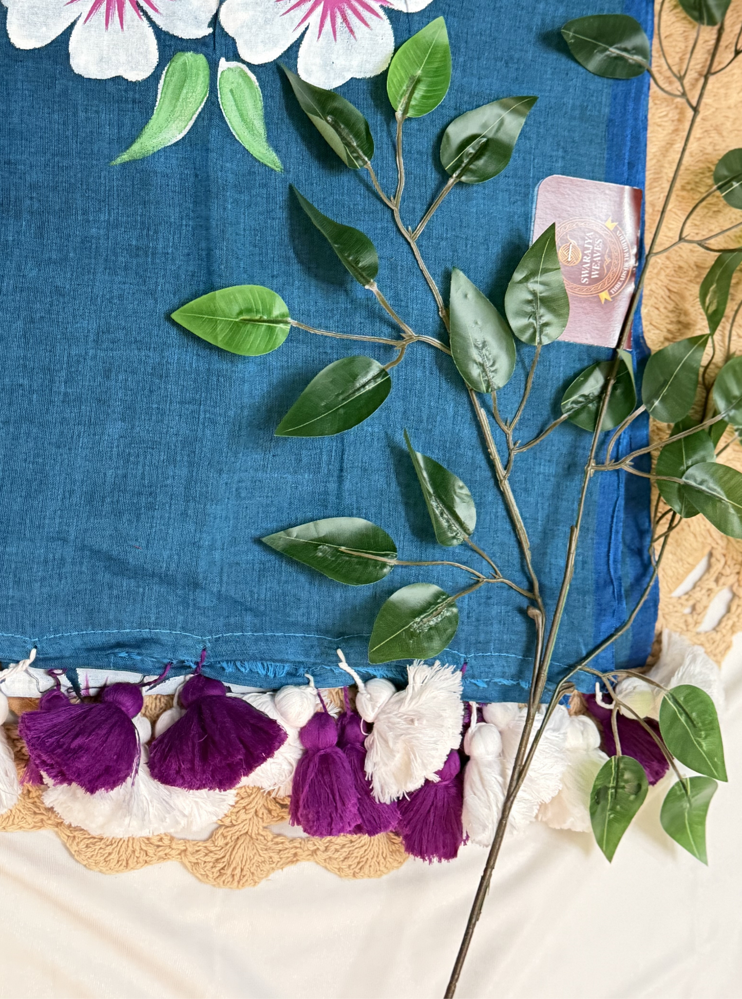 Teal Blue Mul Cotton Saree with Hand-Painted Floral Design & Contrast Tassels