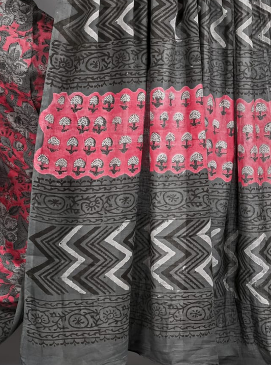 Charcoal Grey Cotton Ajrakh Saree with Crimson Red Highlights