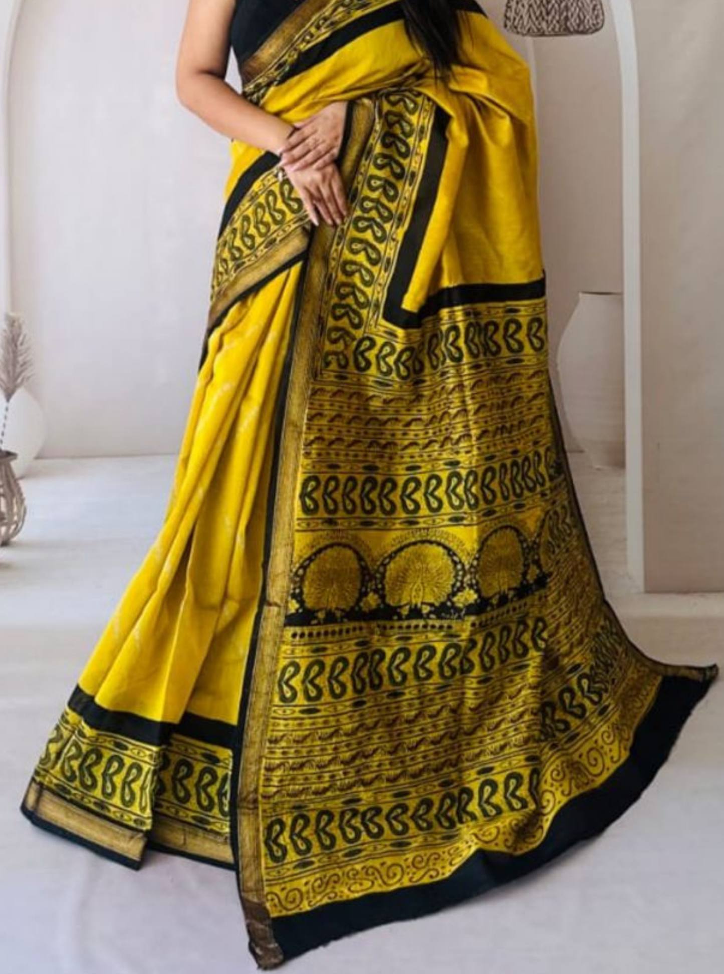 Mustard Yellow Maheshwari Silk Saree with Black Temple Border