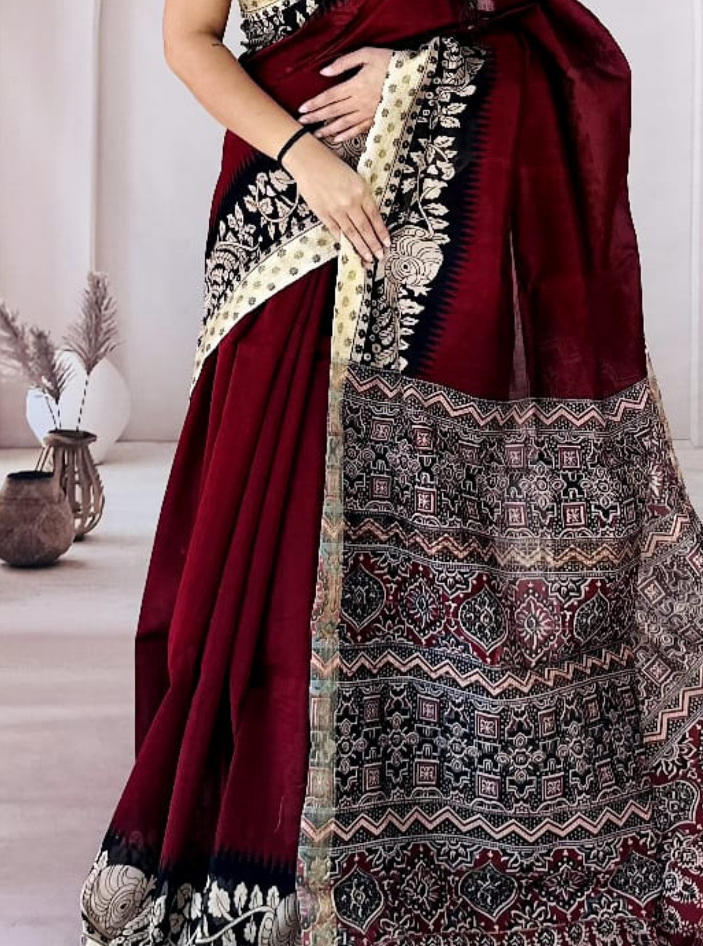 Maroon Maheshwari Silk Saree with Traditional Woven Border