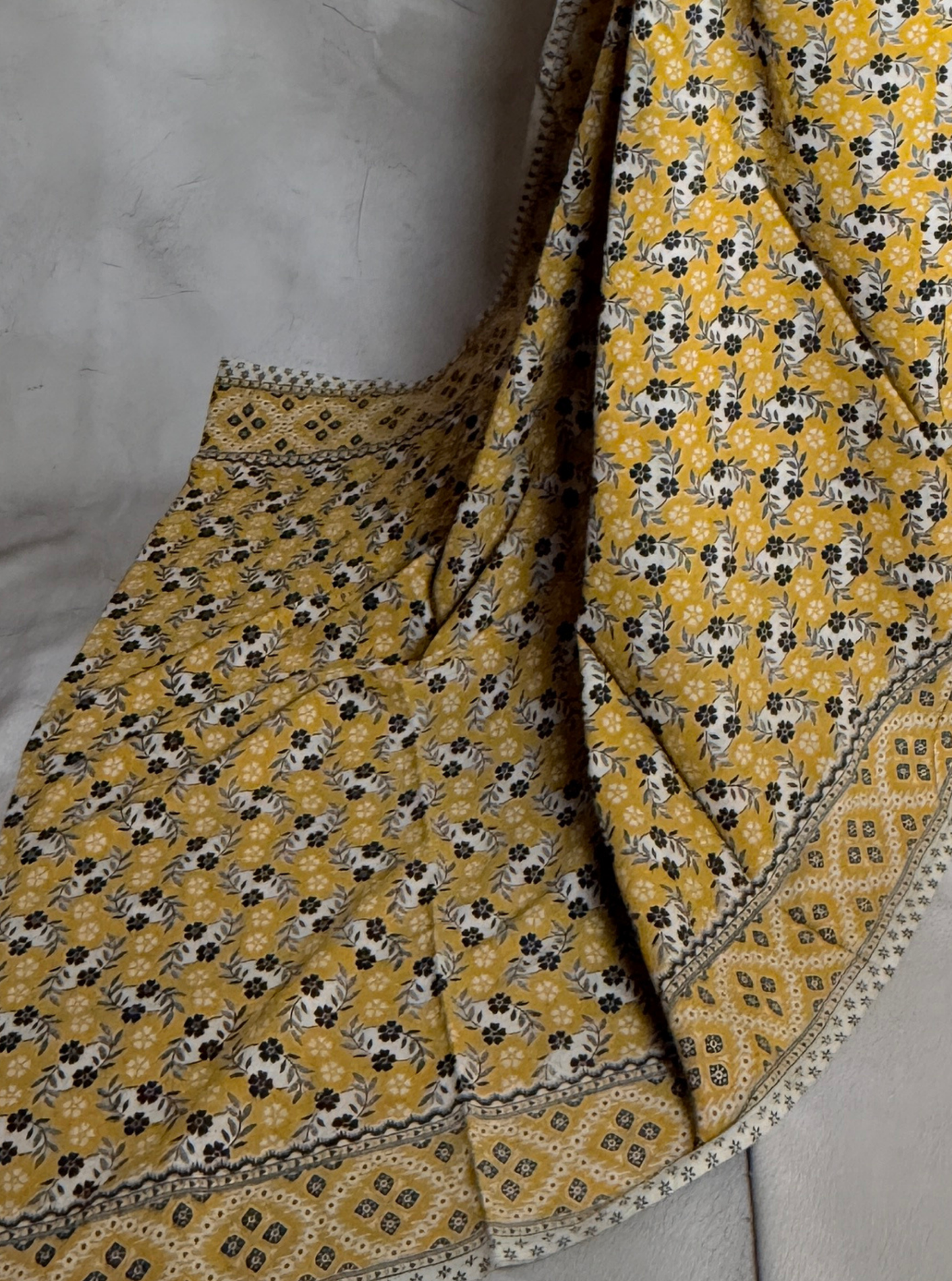 Mustard Yellow Cotton Saree with Floral Buti Print & Ethnic Border