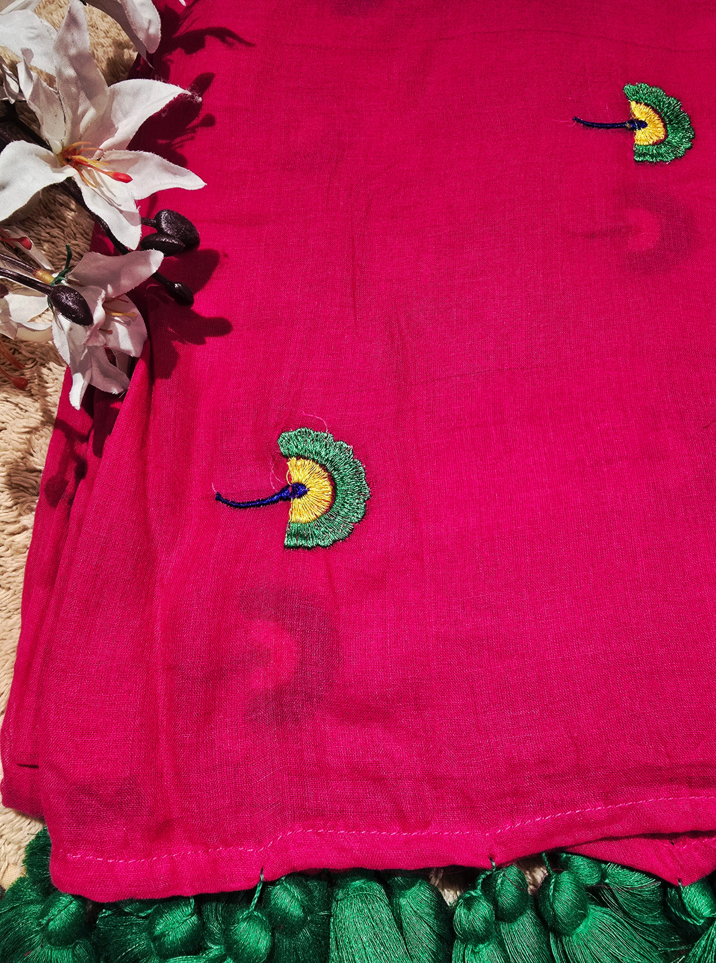 Magenta Mul Cotton Saree with Hand-Embroidered Motifs & Tassel Finish