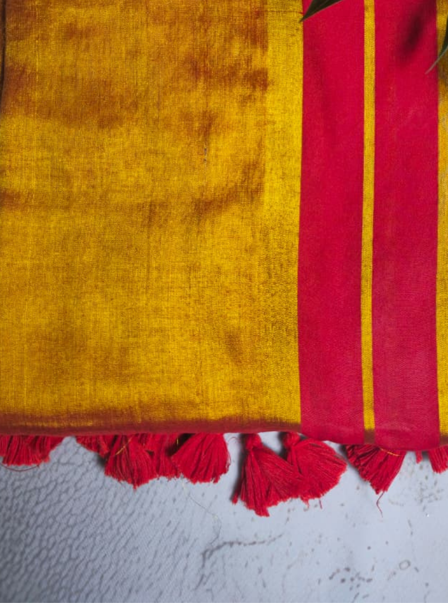 Mustard Yellow Tissue Cotton Saree with Red Contrast Border
