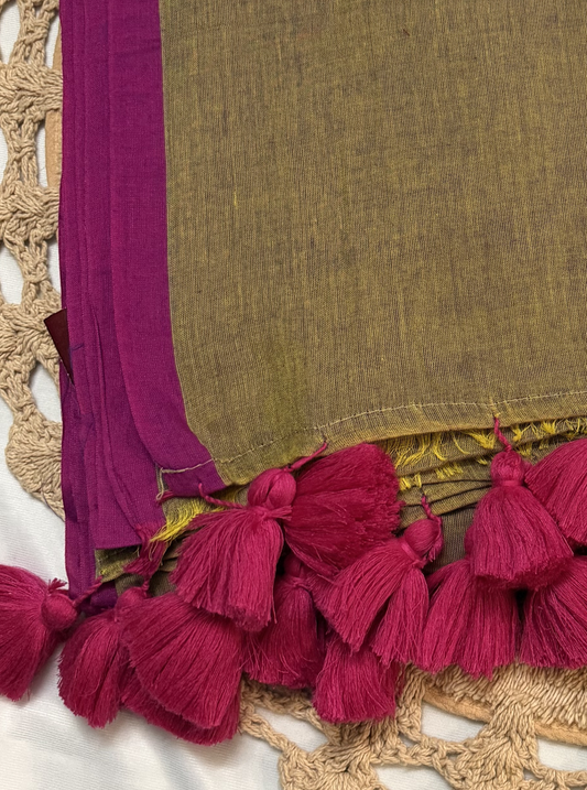Olive Mul Cotton Saree with Magenta Border & Tassel Detailing