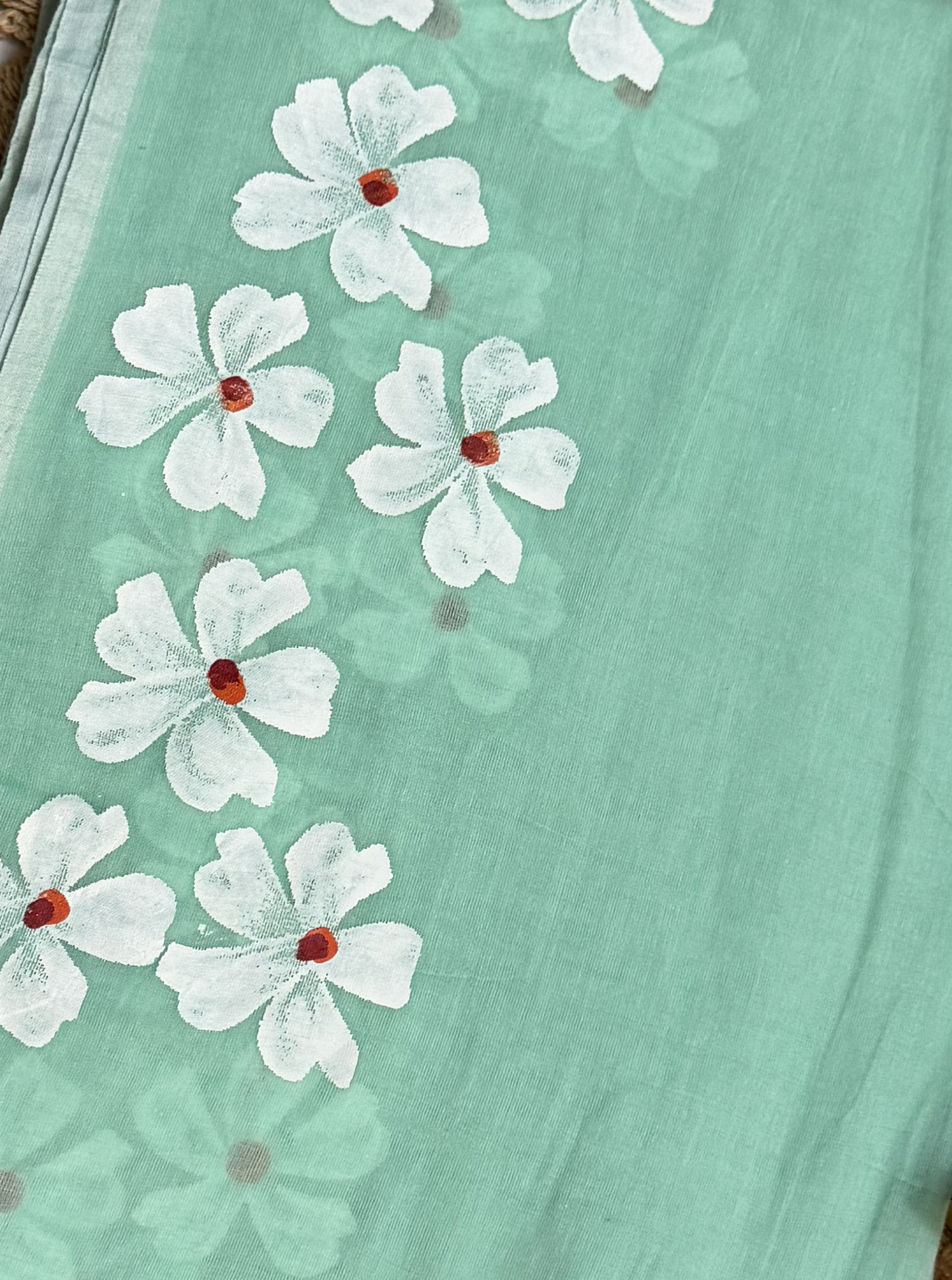 Mint Green Mul Cotton Saree with Hand-Painted White Floral Design & Contrast Tassels