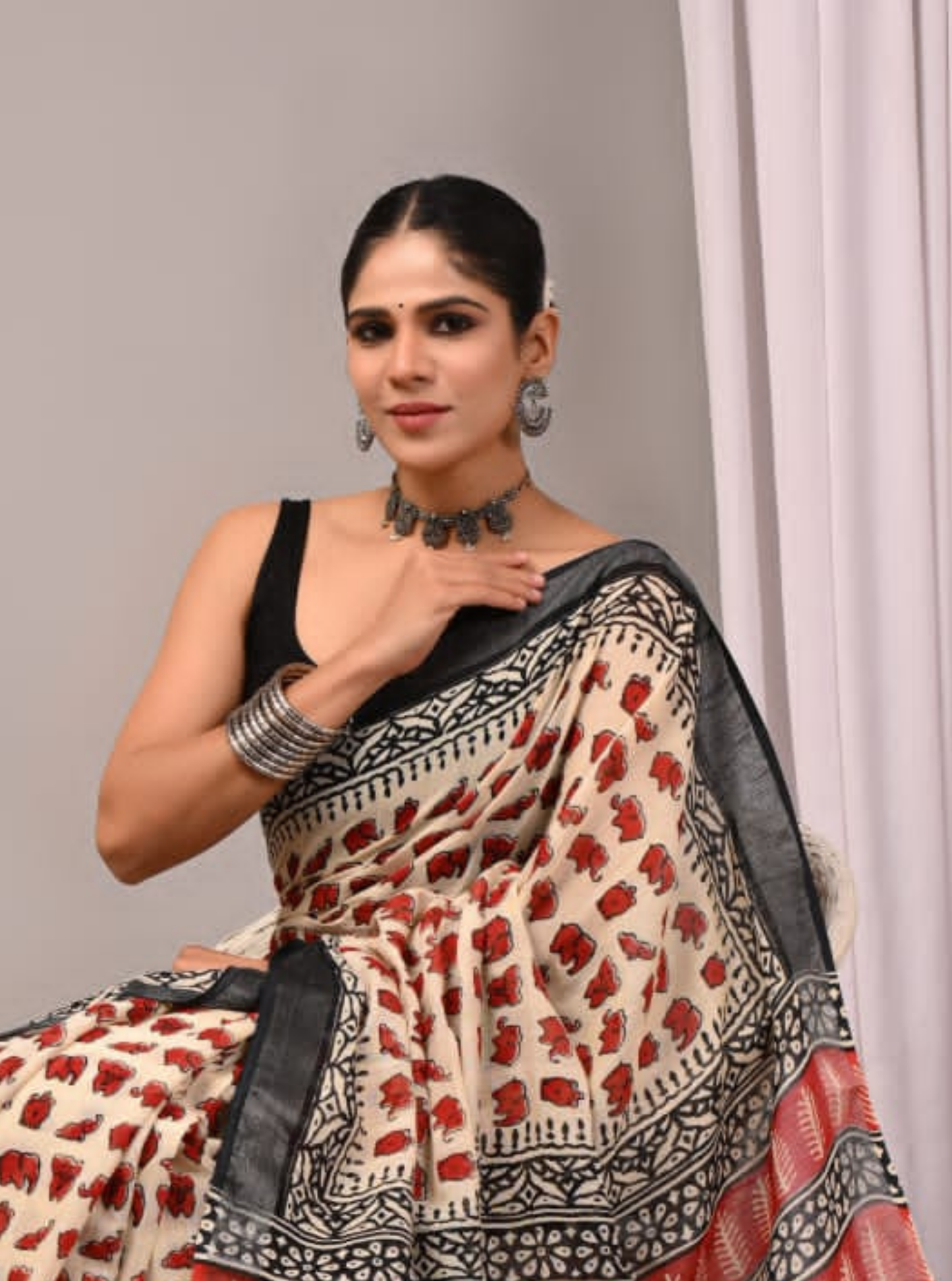 Cream & Rust Bagru Print Cotton Saree with Elephant Motifs