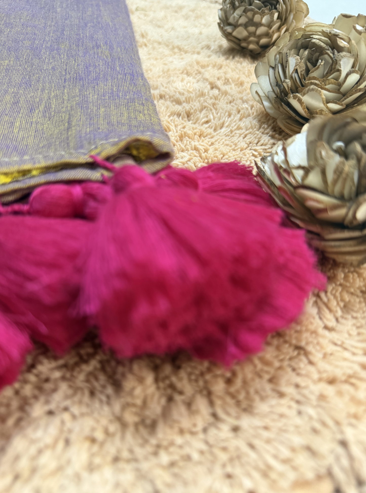 Olive Mul Cotton Saree with Magenta Border & Tassel Detailing