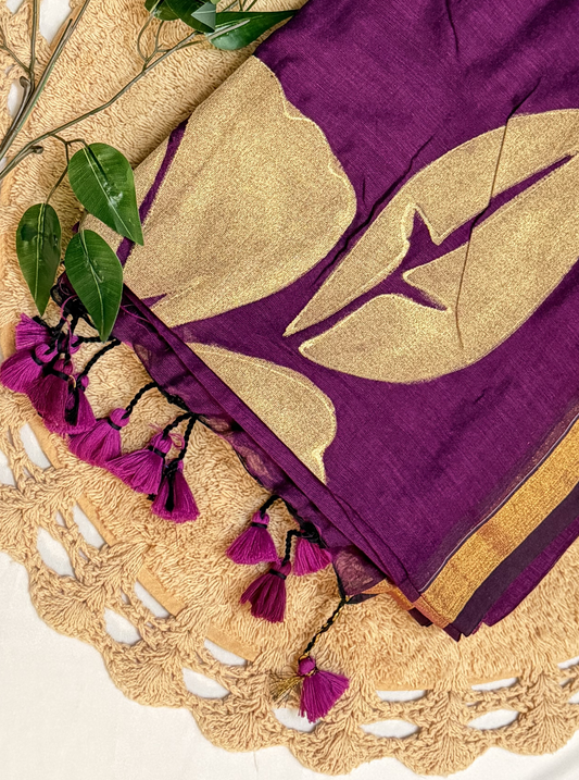 Regal Plum Mul Cotton Saree with Golden Leaf Design & Zari Border