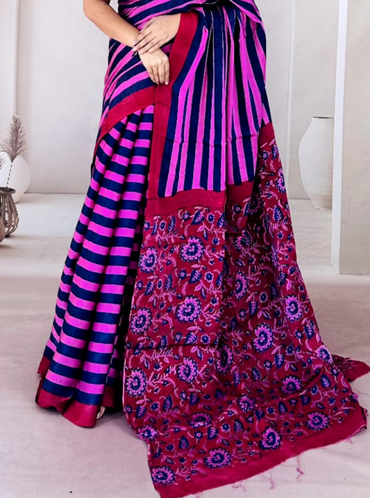 Pink & Navy Modal Silk Saree with Stripes & Floral Printed Pallu