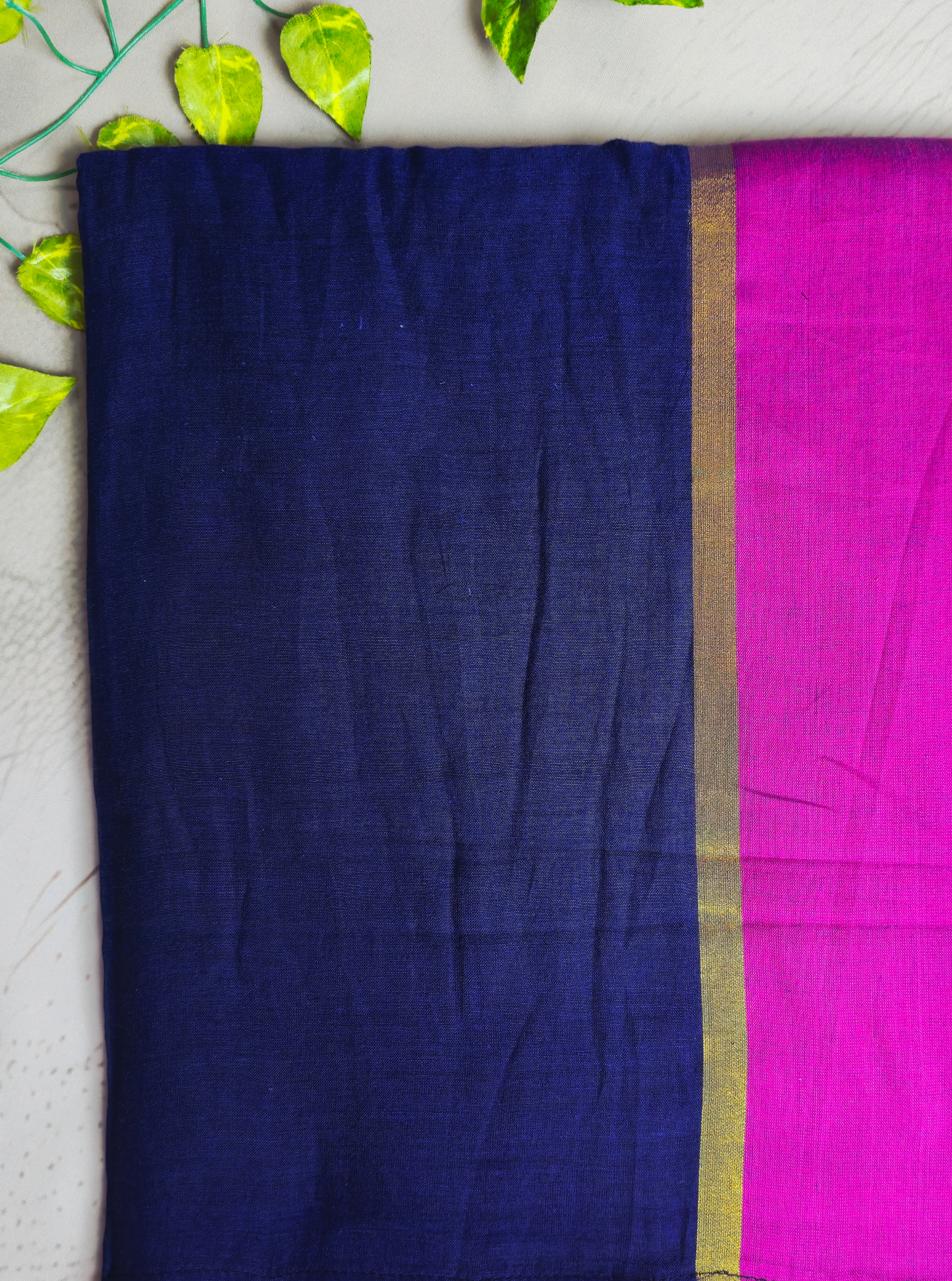 Classic Navy Blue Mul Cotton Saree with Contrast Pink Border & Tassel Pallu