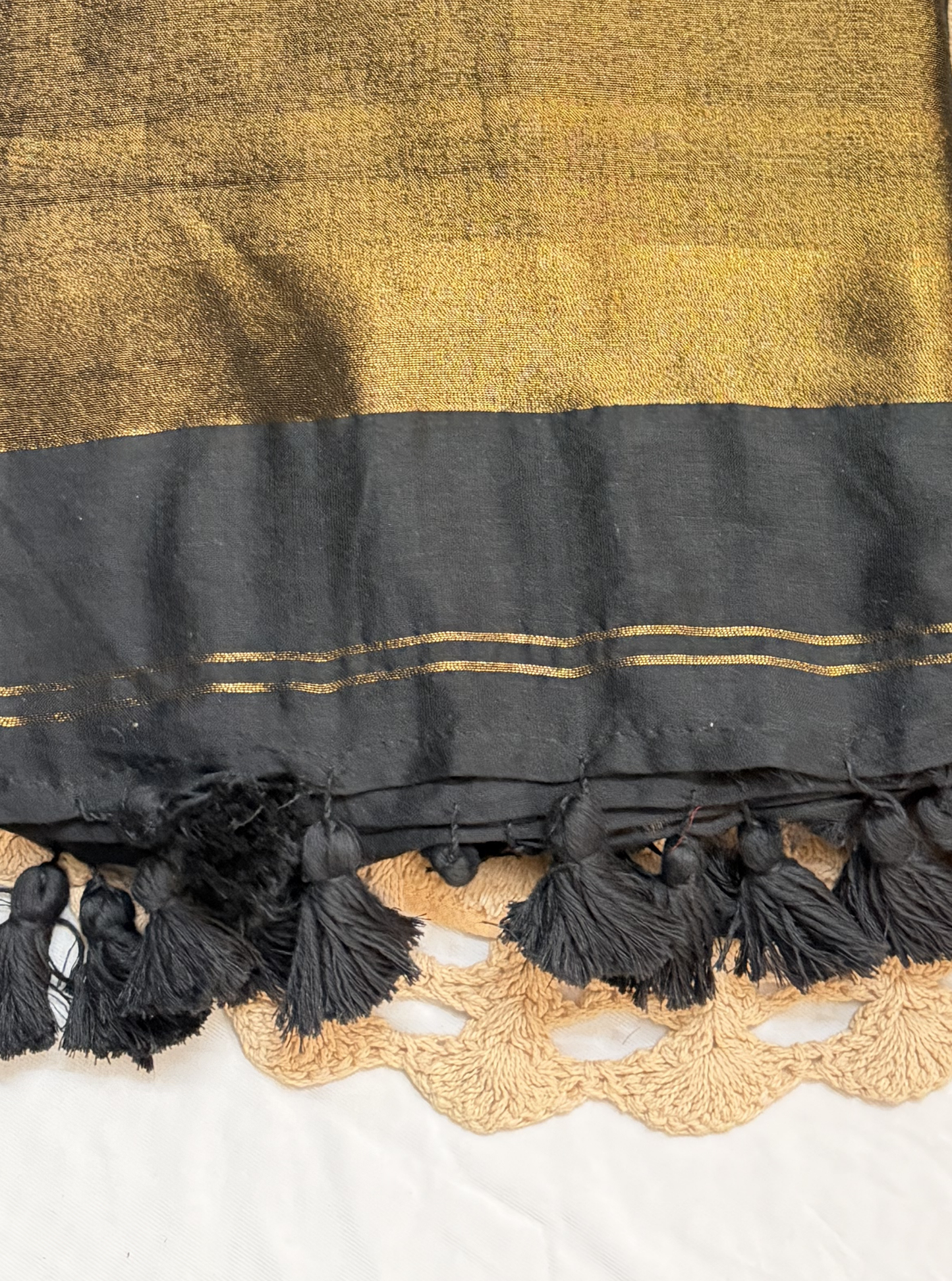Midnight Black Mul Cotton Saree with Gold Tissue Pallu & Tassels