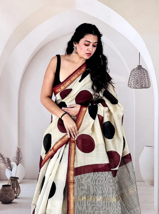 Ivory Maheshwari Silk Saree with Bold Polka Dots & Striped Pallu